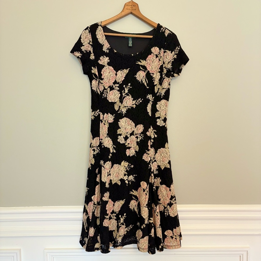 LRL Lauren Ralph Lauren Black Floral Lace Midi Dress Petite Medium Lined Stretch